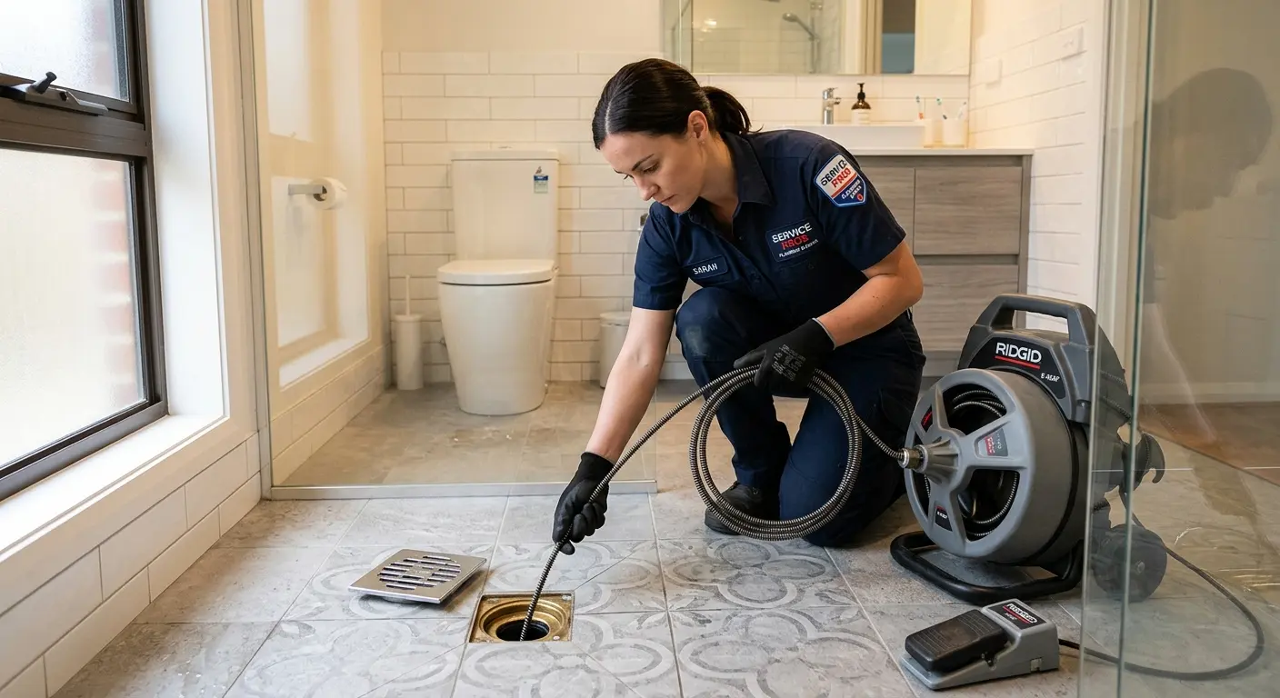 Technician clearing a bathroom floor drain for Hydro Jetting in Royal Palm Beach